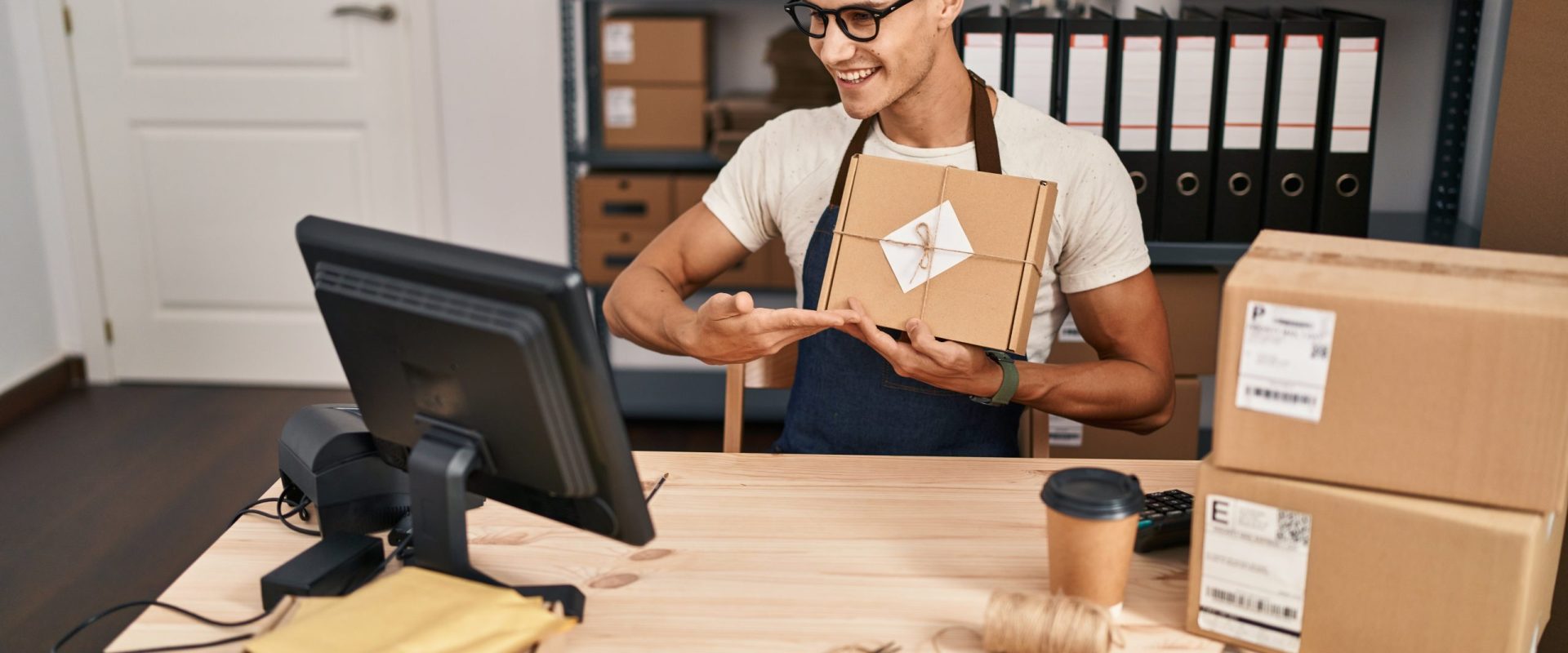 Young hispanic man ecommerce business worker having video call showing package at office Young hispanic man ecommerce business worker having video call showing package at office